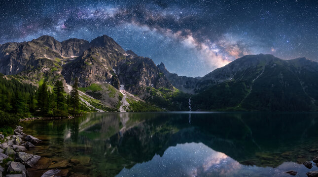 Milky Way galaxy over Morskie Oko lake in the High Tatra Mountains Poland at night with reflection in the water