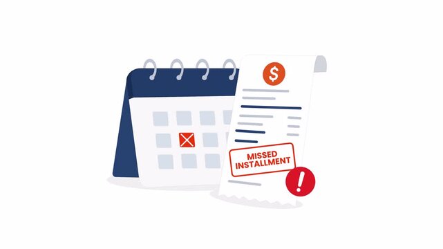 Flat 2D vector animation of a missed installment payment reminder with alpha channel and transparent background for financial alerts and motion graphics.