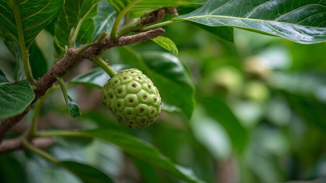 Fresh organic noni fruit hanging on a tropical tree branch displaying unique bumpy green texture and natural bright vibrant colors