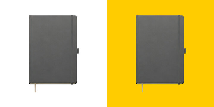 Closed grey notebook journal with elastic strap and ribbon marker png
