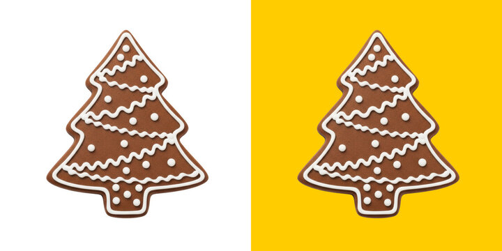 Christmas tree shaped gingerbread cookie with white icing decoration png