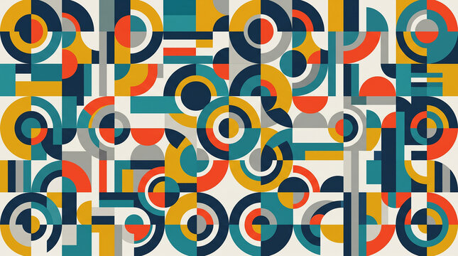 Abstract geometric tattoo forearm circles triangles crescents rectangles colorful modern minimalist design blue teal mustard orange red gray white artistic inspiration    generative ai