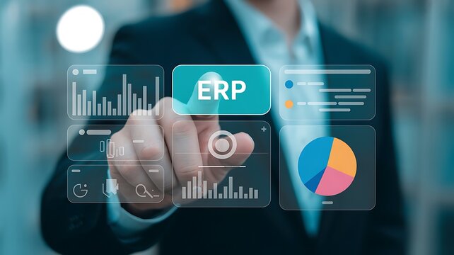 A man in a suit touching an ERP button on a futuristic interface displaying charts and data