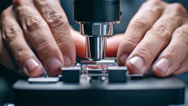 Close up of hands adjusting microscope lens in laboratory for scientific research with precision technology and equipment focusing on detailed science observation and analysis