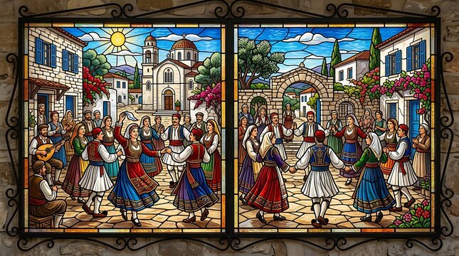 People performing traditional greek folk dance in a village square