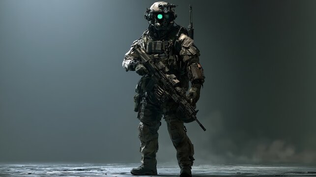 Soldier with gear and goggles stood ready, showing off tech, stealth, and readiness in a cool way.