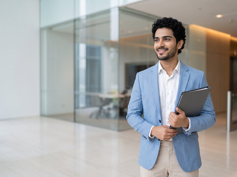 young Indian male business professional holding a document file in a luxury corporate office with clean copy space for finance consulting and business advertising