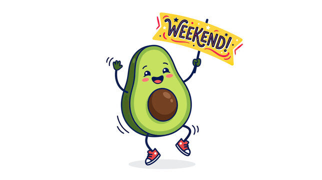 Happy Avocado Character Dancing with Weekend Sign