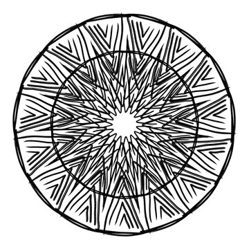 Mandala illustration presents a complex black ink drawing of a repeating circular geometric structure.