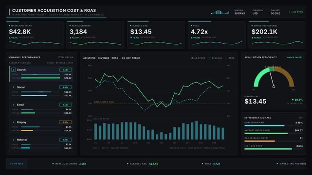 A dark enterprise e-commerce marketing profitability dashboard displaying customer acquisition cost, advertising efficiency, and return on marketing spend with KPI cards and charts.