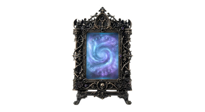 Gothic magic mirror with glowing purple portal and runes