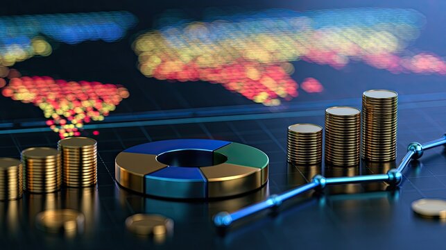 Golden coins, charts, and a globe overlay depict financial growth
