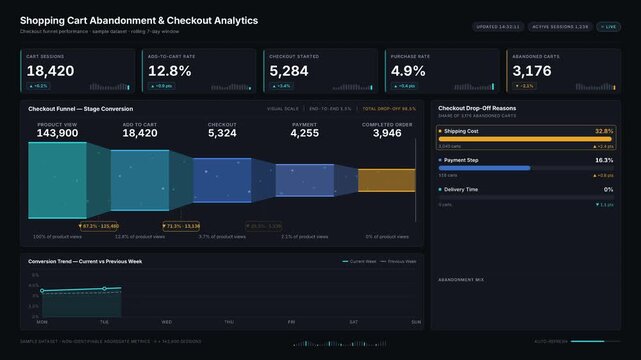 Explore a polished dark e-commerce analytics dashboard showcasing cart abandonment metrics with a dynamic funnel and key performance indicators for online retail success.