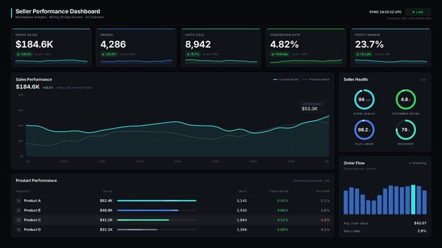 Experience a premium dark-mode e-commerce seller performance dashboard animation showcasing key metrics, line charts, and product rankings for business intelligence presentations.