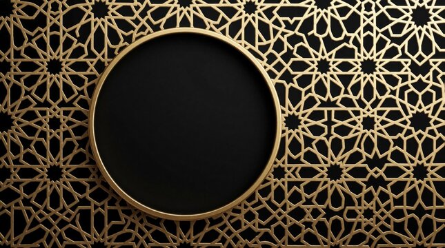Elegant gold circular frame on black background with intricate geometric arabesque pattern. Luxury ornamental design features symmetrical star motifs, metallic texture. Perfect template for wedding
