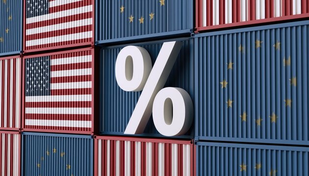 Shipping containers with flags and large percentage symbol