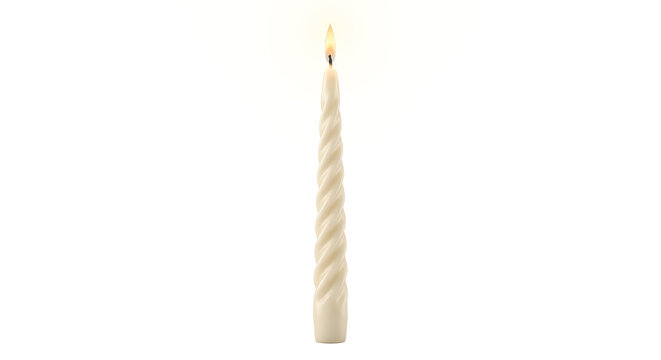 Tall twisted white spiral candle burning with warm flame
