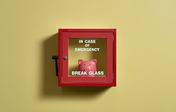 Red emergency box on wall with piggy bank, "In case of emergency break glass