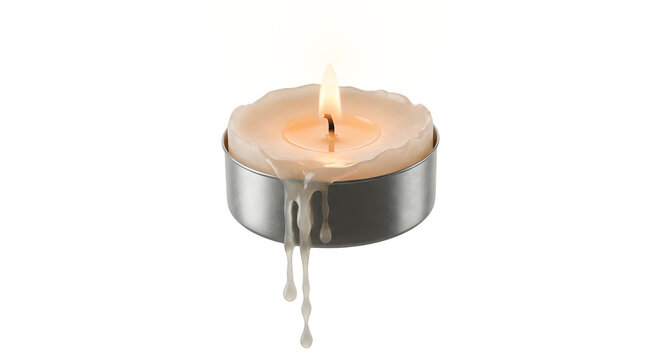 Small tea light candle in metal holder with melting wax drops