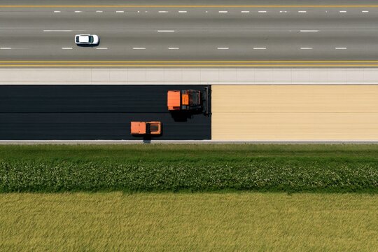 Aerial view of road construction with asphalt paving machines