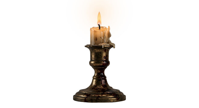 Bloody antique candle in a brass candlestick on transparent background