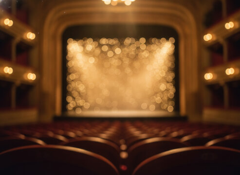 Empty theater stage with blurred golden lights and red velvet seats
