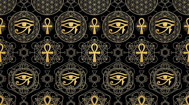 Golden egyptian sacred geometry pattern with eye of horus and ankh