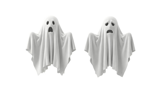 Two spooky white ghost figures floating with different facial expressions
