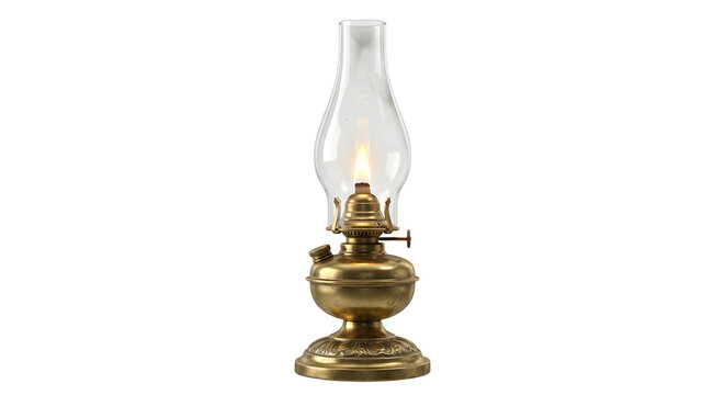 Antique brass oil lamp with a burning flame and glass chimney
