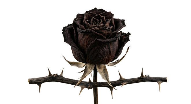Dark withered black rose with sharp thorns on a thorny stem
