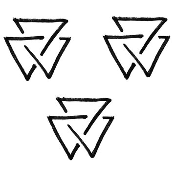 Hand Drawn Doodle Valknut Symbol Set &ndash; Three Cute Interlocking Triangle Knots, Minimalist Norse Viking Sketch Geometric Illustration

