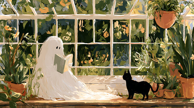 A ghost sits in a greenhouse surrounded by plants, reading a book. A black cat stands close by, also in the warm daylight. 