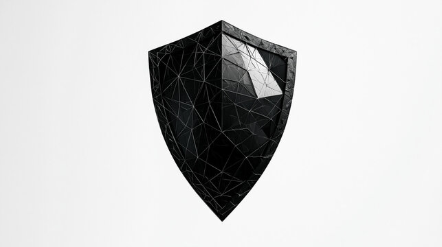 Minimalist representation of a dark protective shield symbol centered on a white background representing security and safety with protection security minimalist