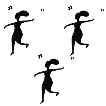Hand Drawn Doodle Dancing Figures Set &ndash; Three Cute Cartoon Dancers in Motion with Music Notes, Minimalist Brush Sketch Silhouette Illustration

