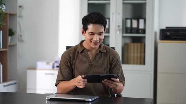 Online business contract Electronic signature, e-signing, digital document management, paperless office, working touch screen tablet.