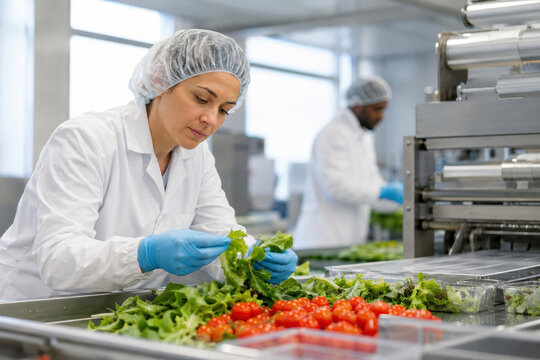 A female food technician inspects and sorts salad greens and cherry tomatoes on a conveyor in a processing facility while wearing protective clothing. Workers prepare fresh produce for packaging.
