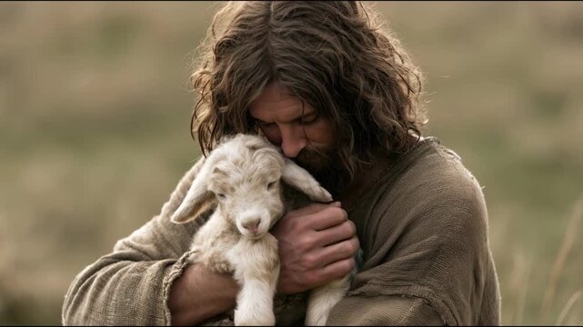 Jesus Christ holds a lamb in a green field during a warm day in ancient times