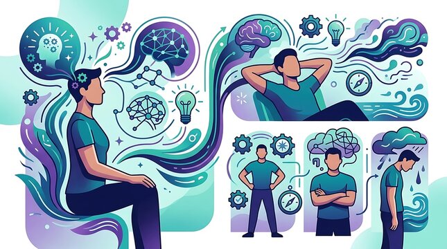 Abstract illustration of a man experiencing various mental states