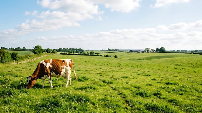 Cow grazing in a green meadow with rolling hills and blue sky