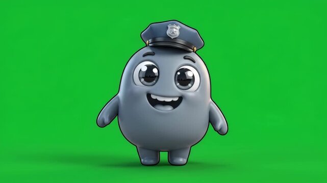 Cute Cartoon Character Wearing a Police Hat on a Green Screen Background.