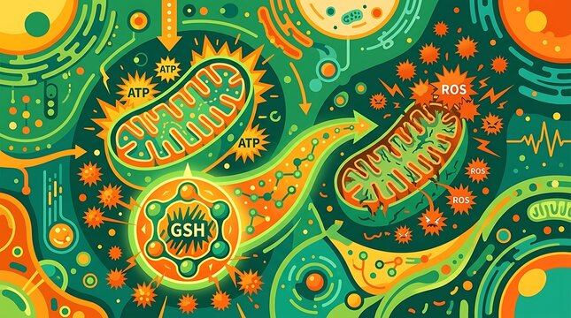 Cellular biology illustration showing mitochondria energy and stress