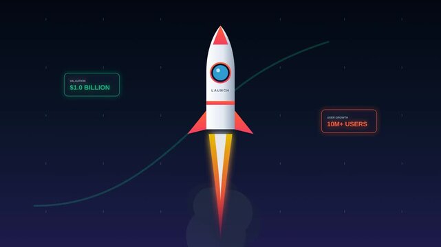 Business Startup Success Animation Showing Rocket Launch with Growth Charts and Data Metrics Concept