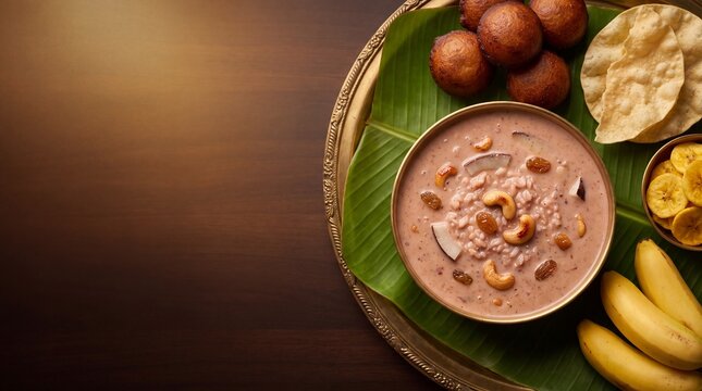 Traditional Kerala Payasam dessert in a brass bowl with unniyappam, banana chips, and papadum on a banana leaf platter, dark wooden background with copy space
