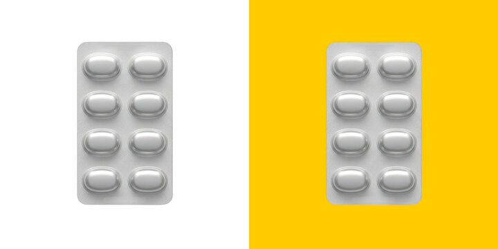 Silver blister pack with white pills on plain color background png