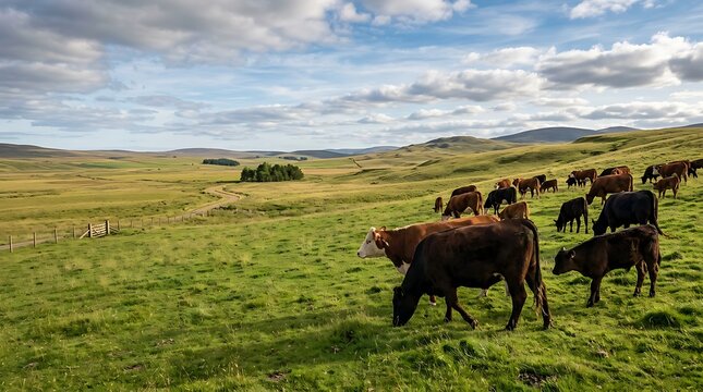 Herd of cattle grazing on green rolling hills under a cloudy sky
