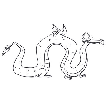 Funny long serpent dragon cartoon vector line art illustration isolated on white background. Cute mythical snake dragon character outline for kids coloring book, storybook or fantasy decoration.