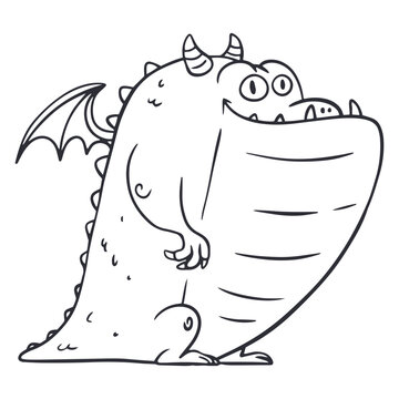 Cute fat dragon with big belly cartoon line art vector illustration isolated on white background. Funny chubby monster outline character for kids coloring book page, humor print or fantasy art.