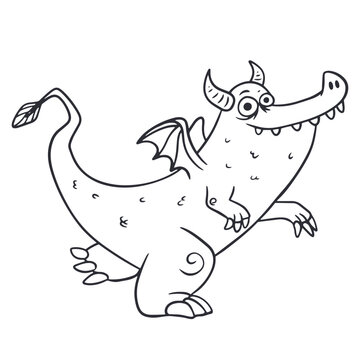 Playful happy dragon character cartoon line art vector illustration isolated on white background. Cute joyful monster outline art for kids coloring book, storybook graphic, sticker or print.