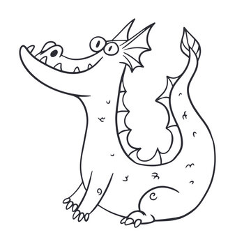 Cheerful dragon sitting with curved tail cartoon line art vector illustration isolated on white background. Cute smiling monster character outline for children coloring book, print or storybook art.