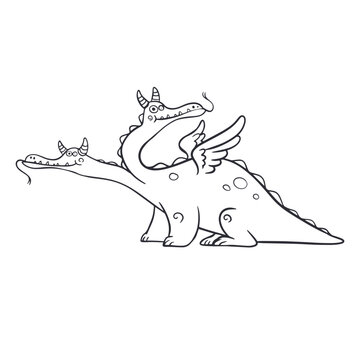 Funny cute two-headed dragon cartoon line art vector illustration isolated on white background. Charming funny mythical creature outline character for kids coloring book, fairy tale design, print or s